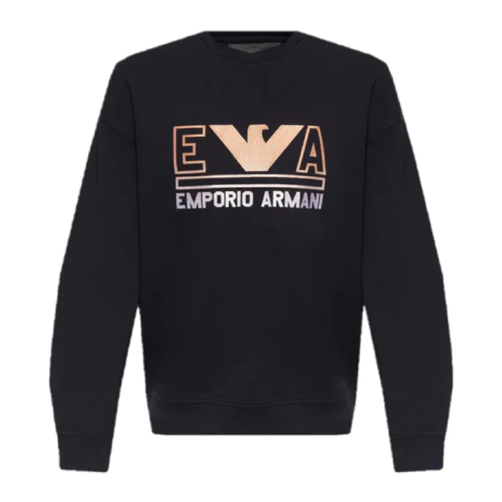 Emporio Armani Marinblå Dubbel Jersey Sweatshirt med Maxi Logo Bokstäver och Orange Örn Logo Black, Herr