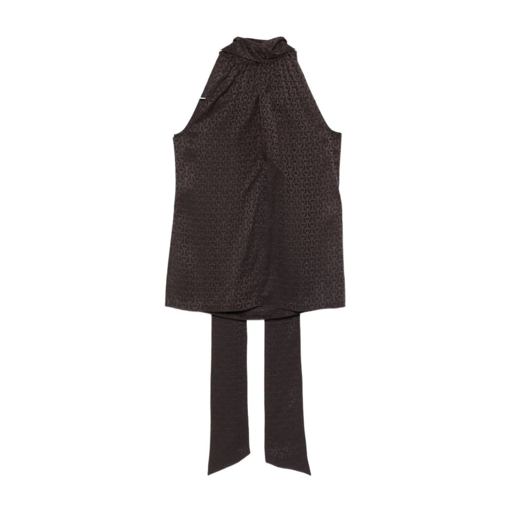 Gucci Women's Brown Sleeveless Tops, Xs, Horsebit Tie-Neck Silk Jacquard Top