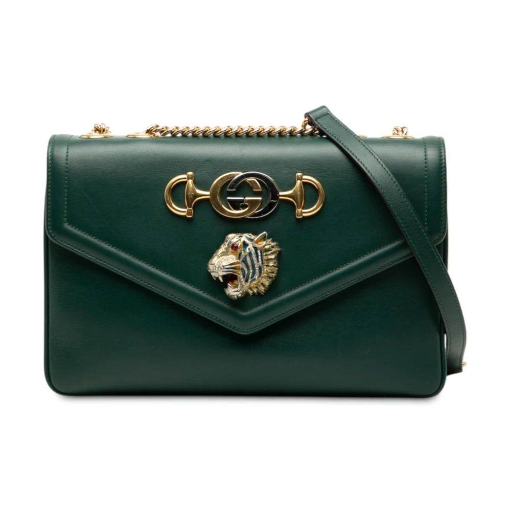 Gucci Vintage Women's Green Pre-Owned Shoulder Bag With Tiger Detail