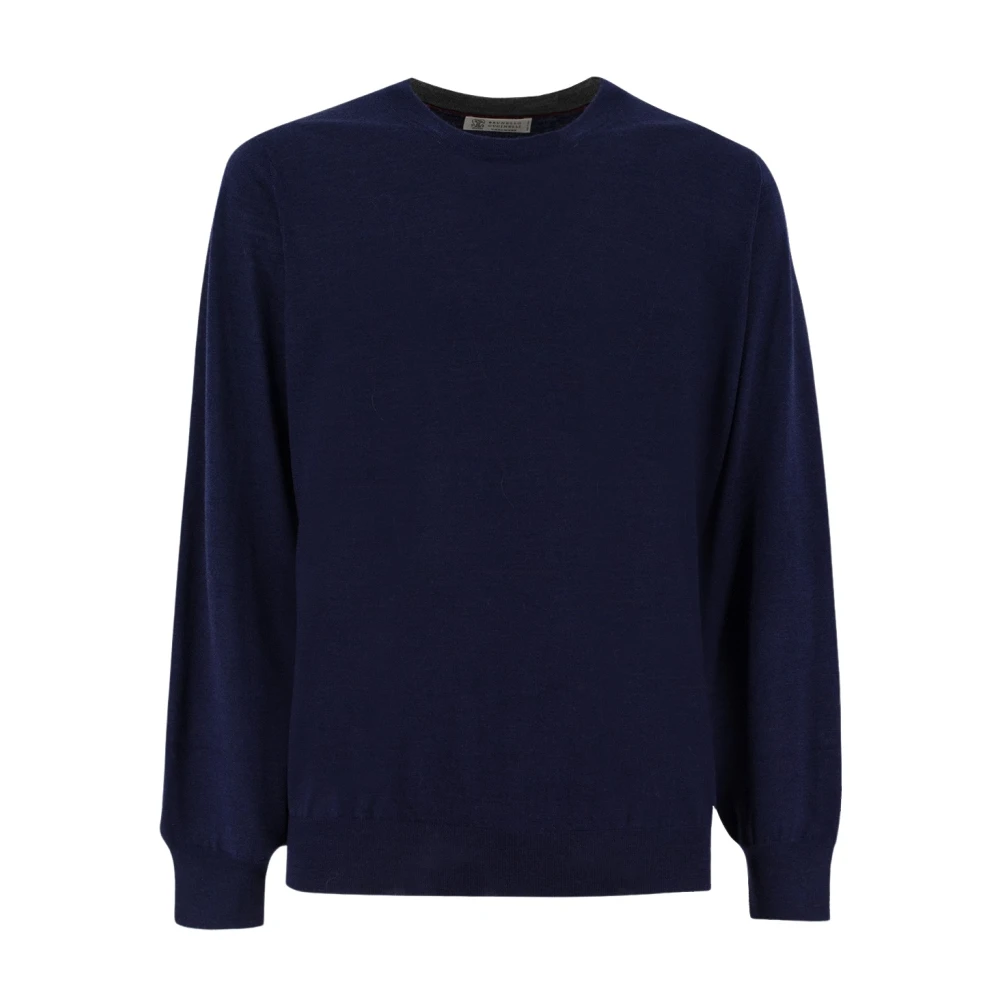 BRUNELLO CUCINELLI Elegant Crew-Neck Slim Fit Sweater Blue Heren