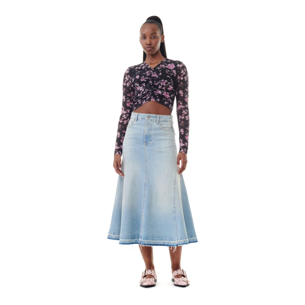 Ganni Blauwe Denim Midi Rok met Zakken Blue Dames