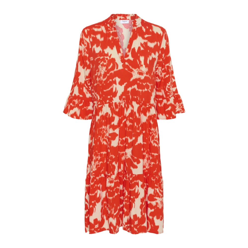 Saint Tropez, Midi Dresses, female, Red, L, Water Blooms Dress with Flounce Details