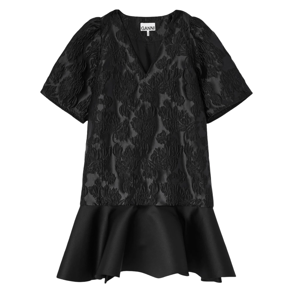Ganni Women's Black Satin Cloque Mini V-Neck Dress