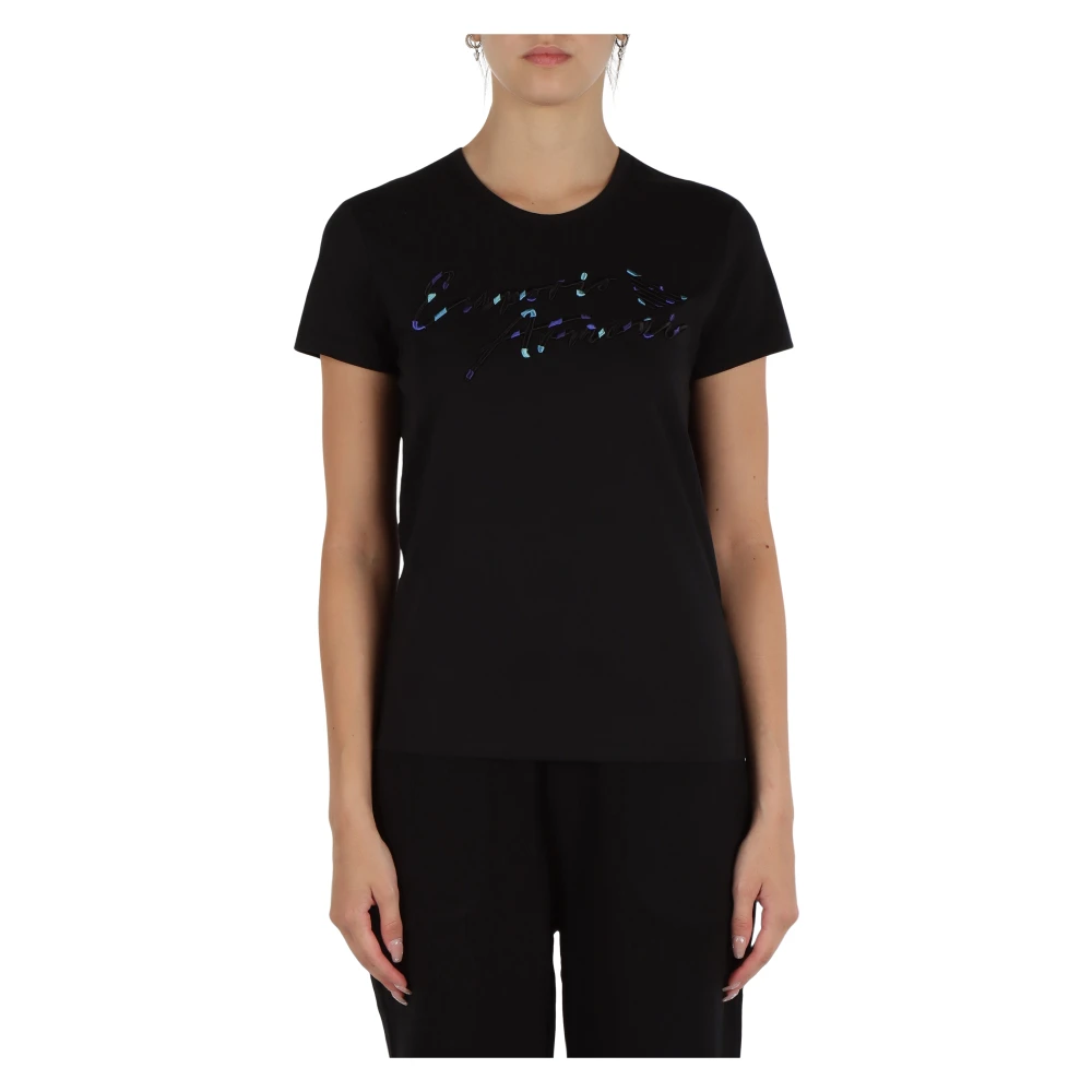 Emporio Armani Katoenen Logo Geborduurd Ronde Hals T-shirt Black Dames