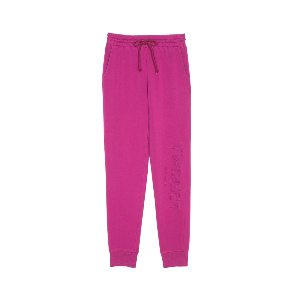 Twinset Women's Purple Sweatpants, 2XS, Cotton Fuchsia Trousers With Embroidered Logo