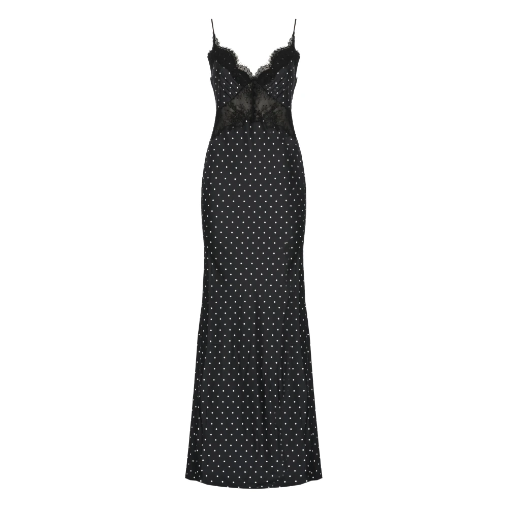 Self Portrait Women's Black Gowns, S, Polka Dot Satin Lace Maxi Dress