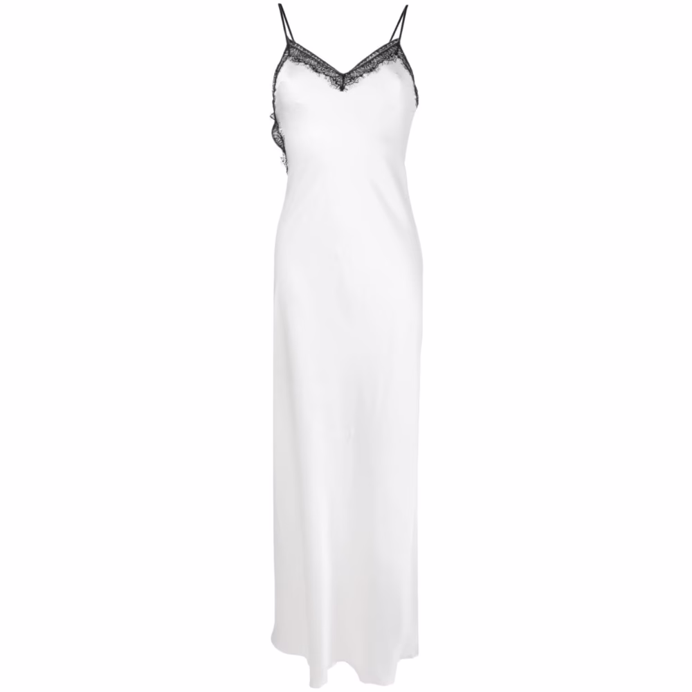Weiße Satin-Kleid mit Spitzenbesatz