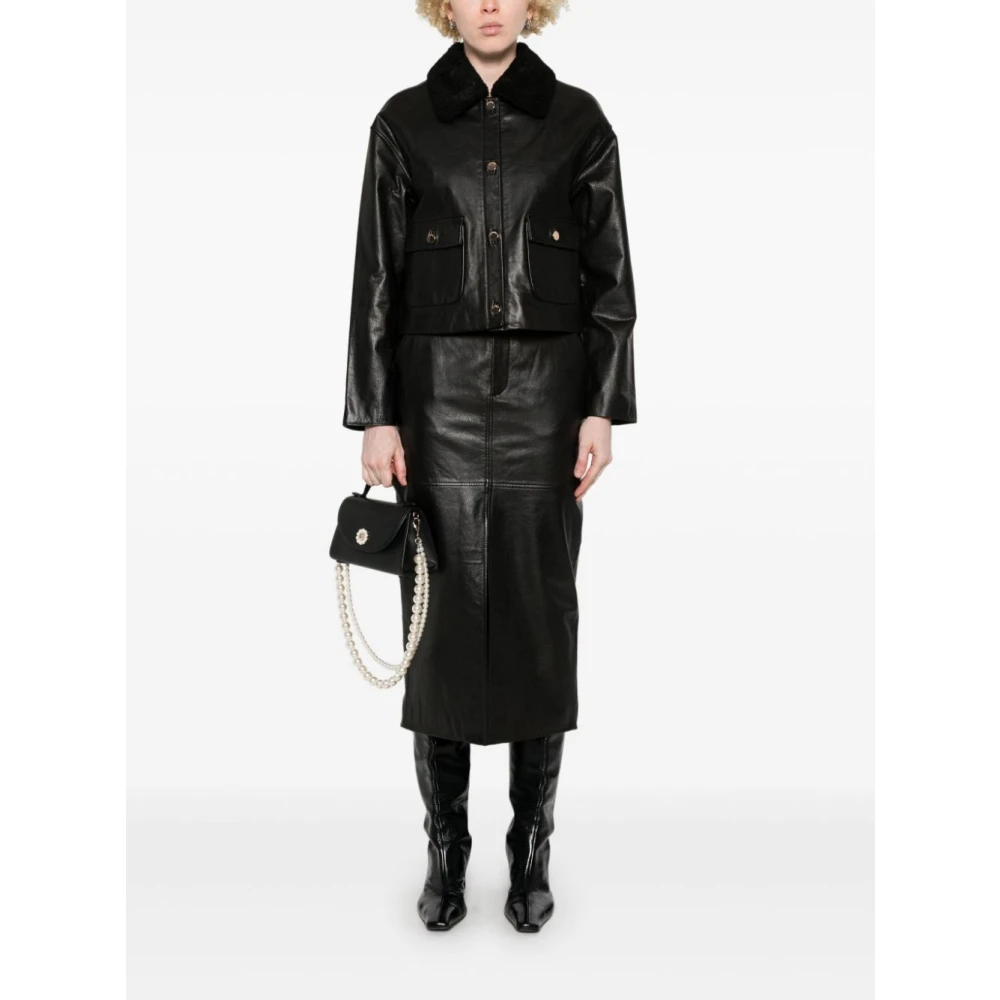 Self Portrait Zwarte Leren Midi Rok Zakken Black Dames