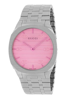 YA163410 - 38 mm rostfritt stål flerlagerskåpa, vit urtavla med Interlocking G-motiv och rosa färgat glas, armband i rostfritt stål med fem länkar