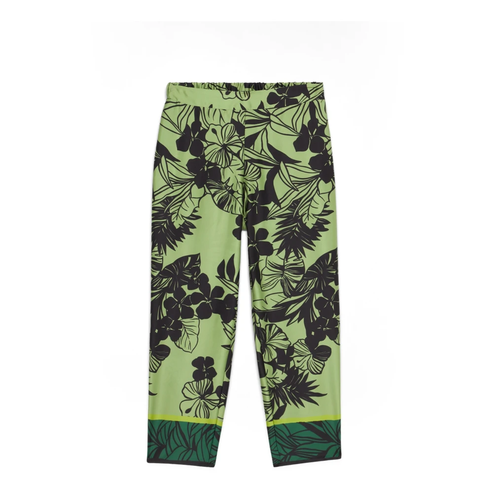 Oltre Satin broek met bladeren Green Dames