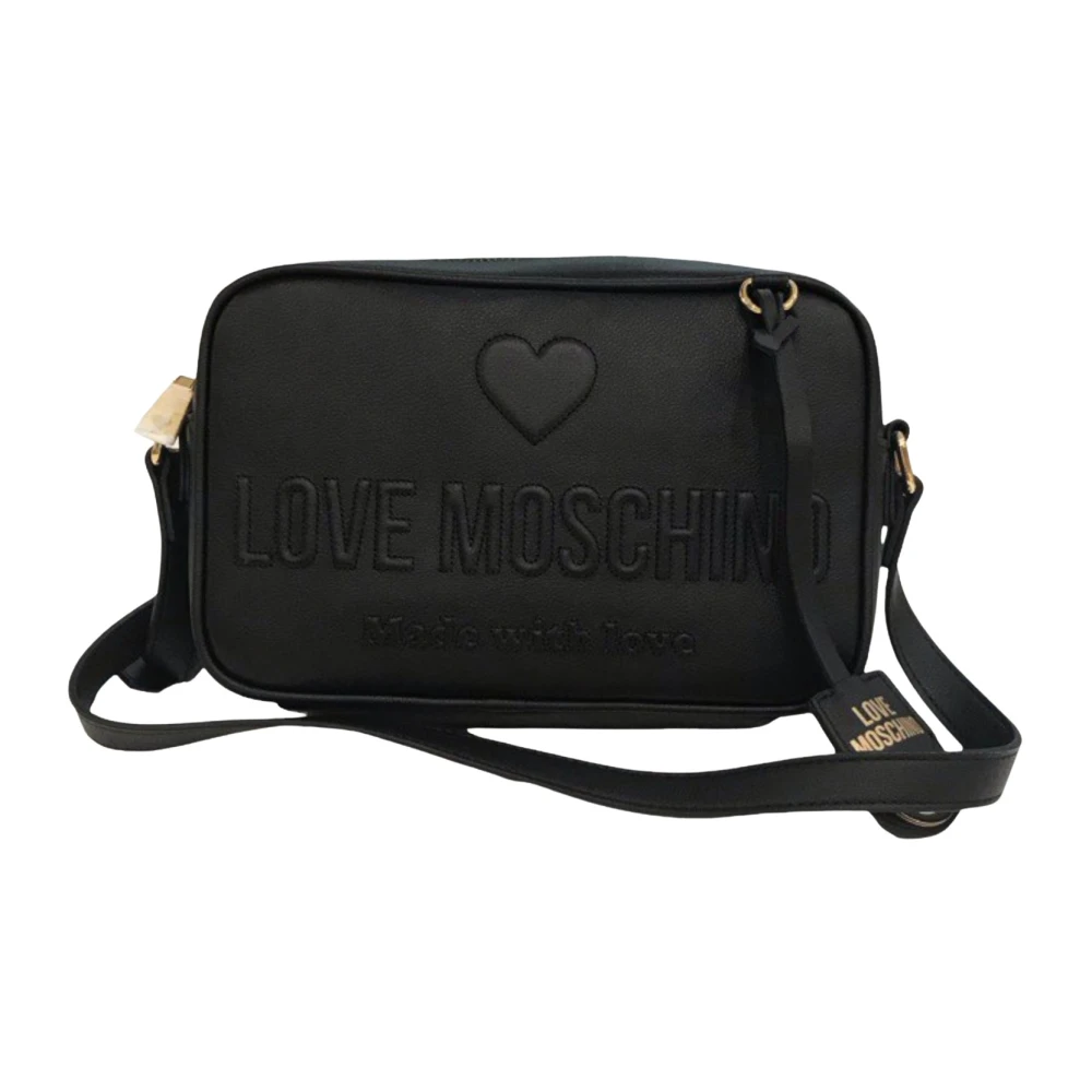 Love Moschino Zwarte leren schoudertas met reliëf logoprint Black Dames