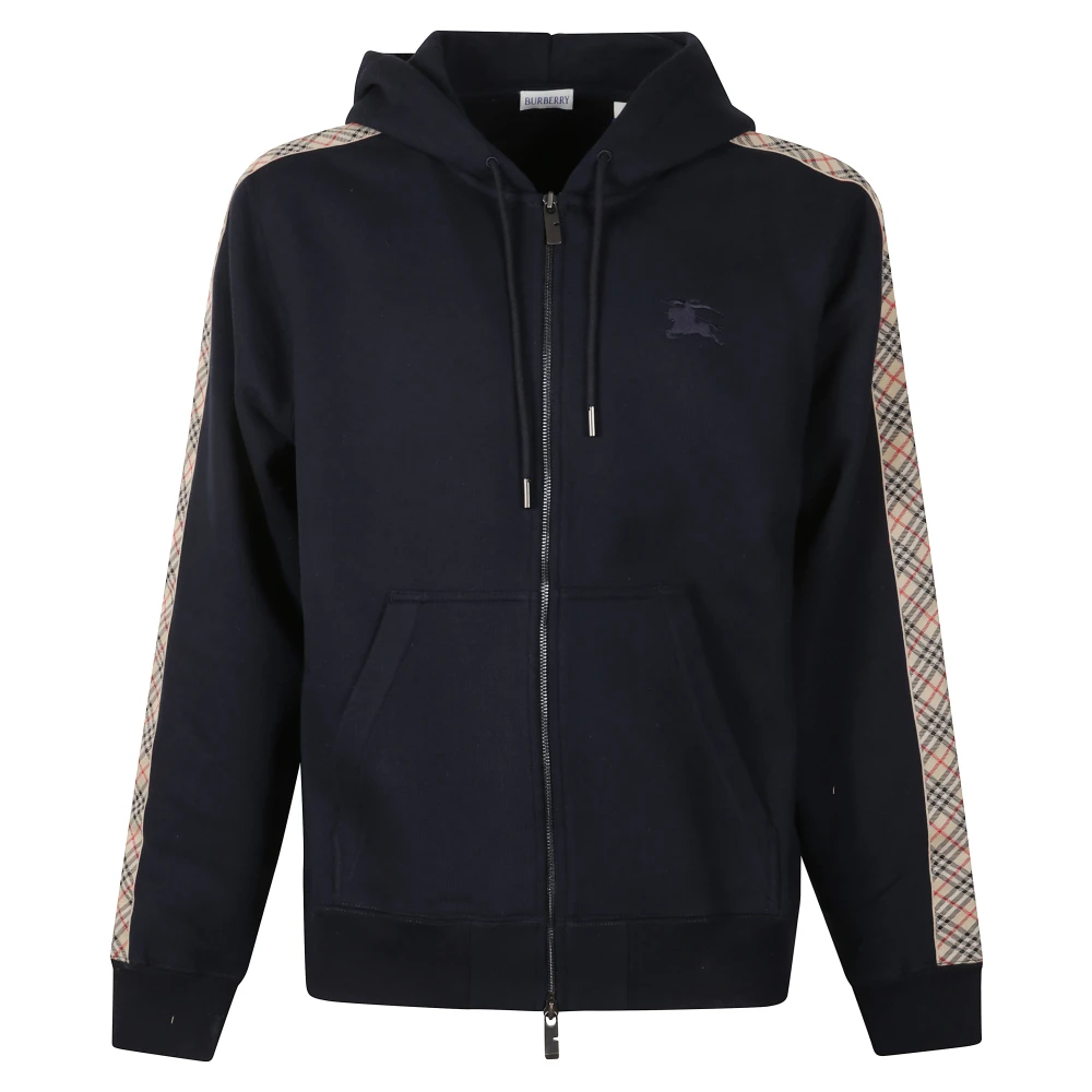 Burberry Men's Blue Zip-Throughs, L, Check Trim Cotton Zip Hoodie