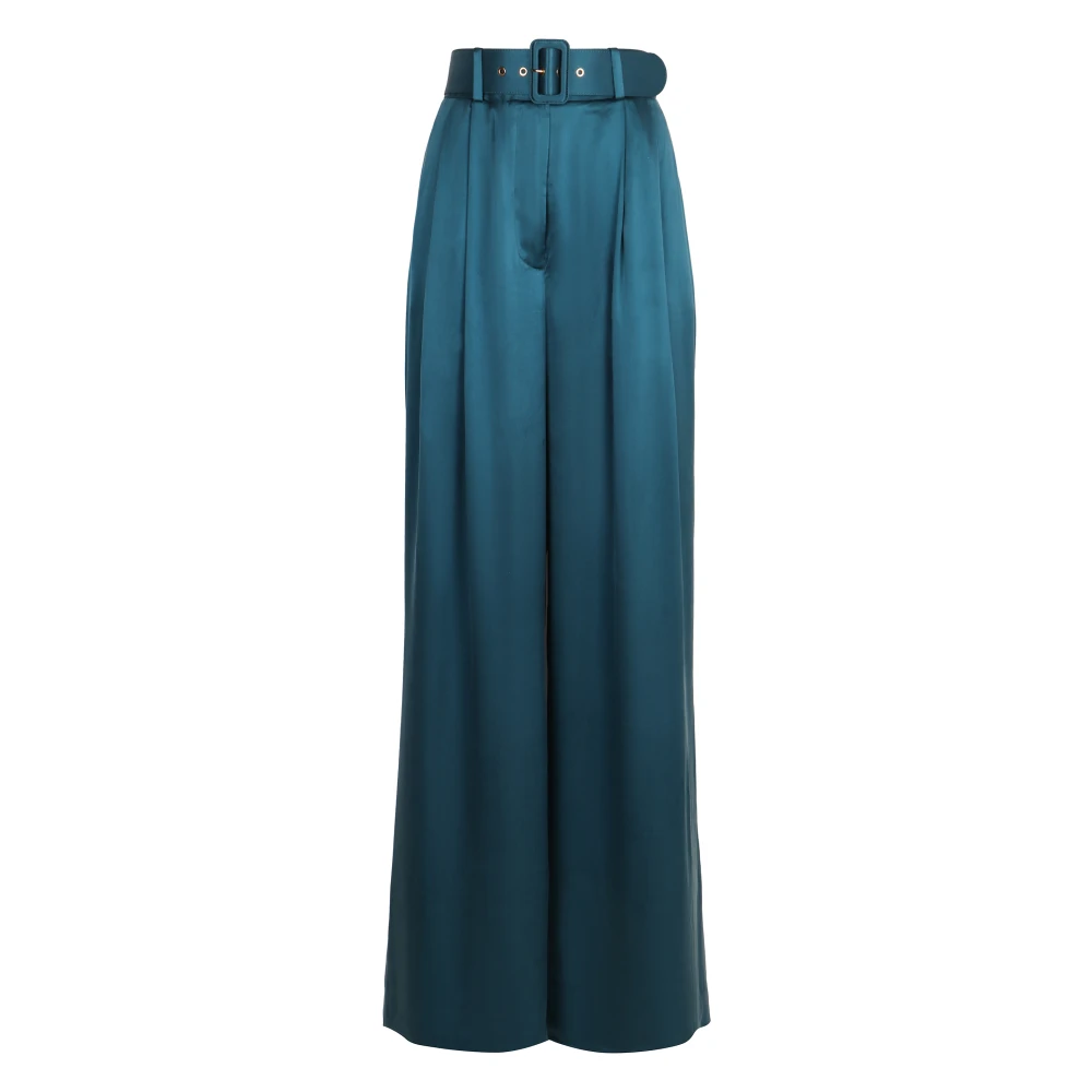 Zimmermann Women's Blue Wide Trousers, L, Silk Trousers With Coordinated Belt