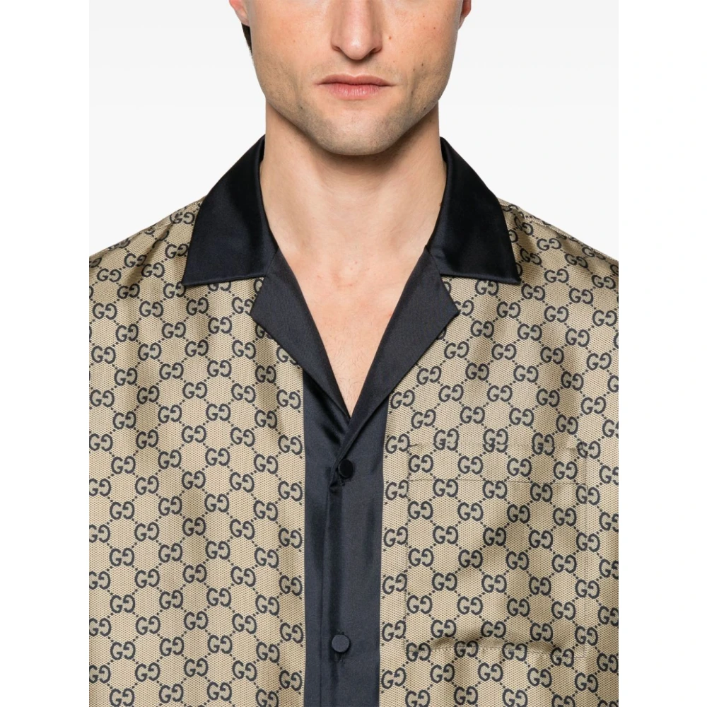 Gucci Bowling zijden twill overhemd met GG-print Beige Heren
