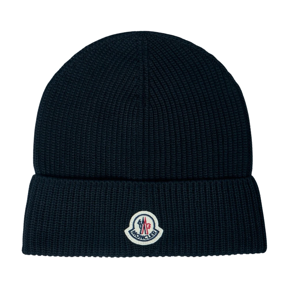 Moncler Logo Patch Beanie Hat van katoenbreisel Black Heren