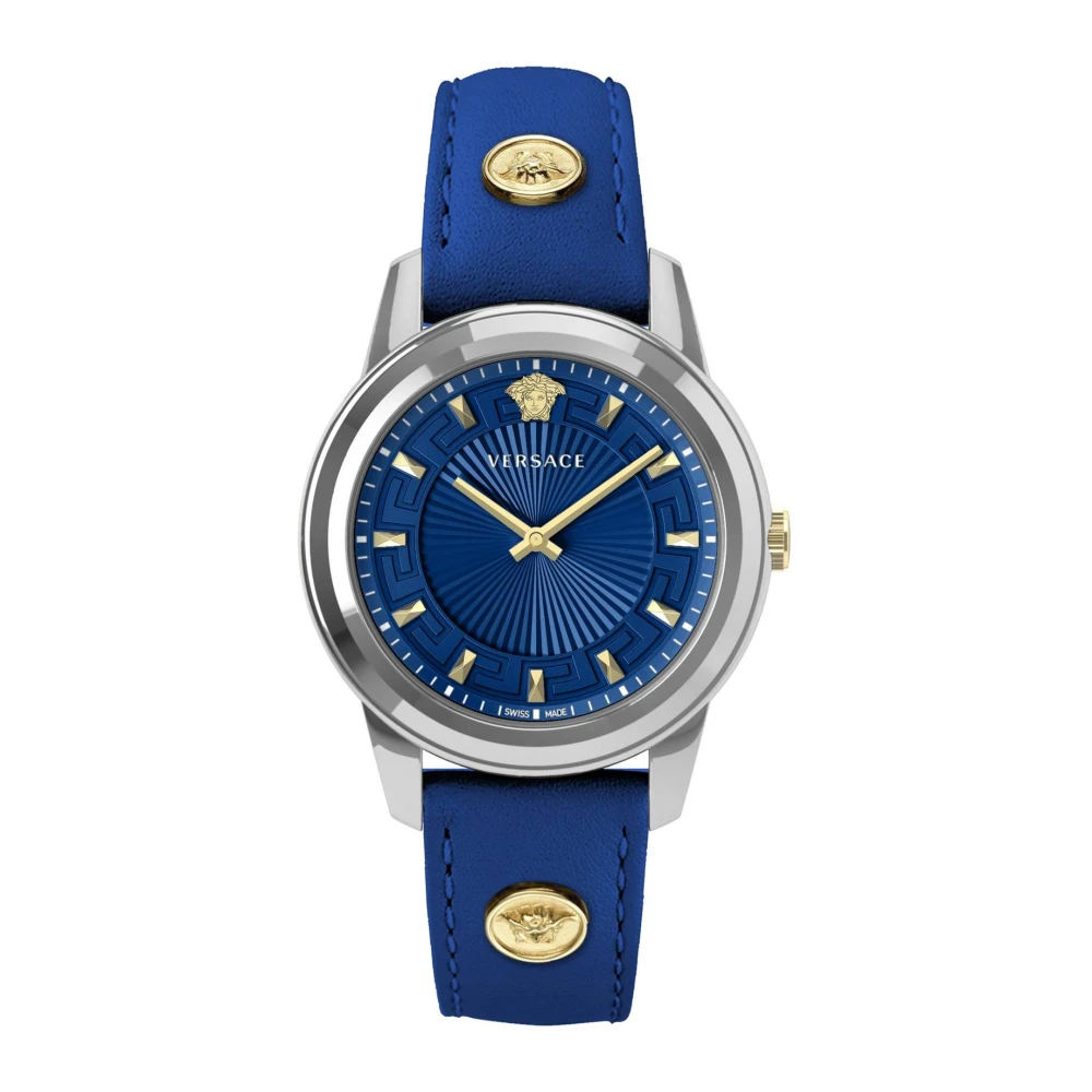 Versace Women's Blue Watches, One Size, Greca Leather Bracelet Watch With Studs