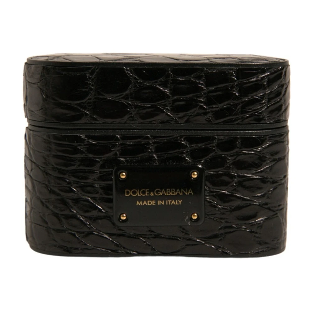 Dolce & Gabbana Unisex Black Headphones, One Size, Leather Metal Logo Airpods Case