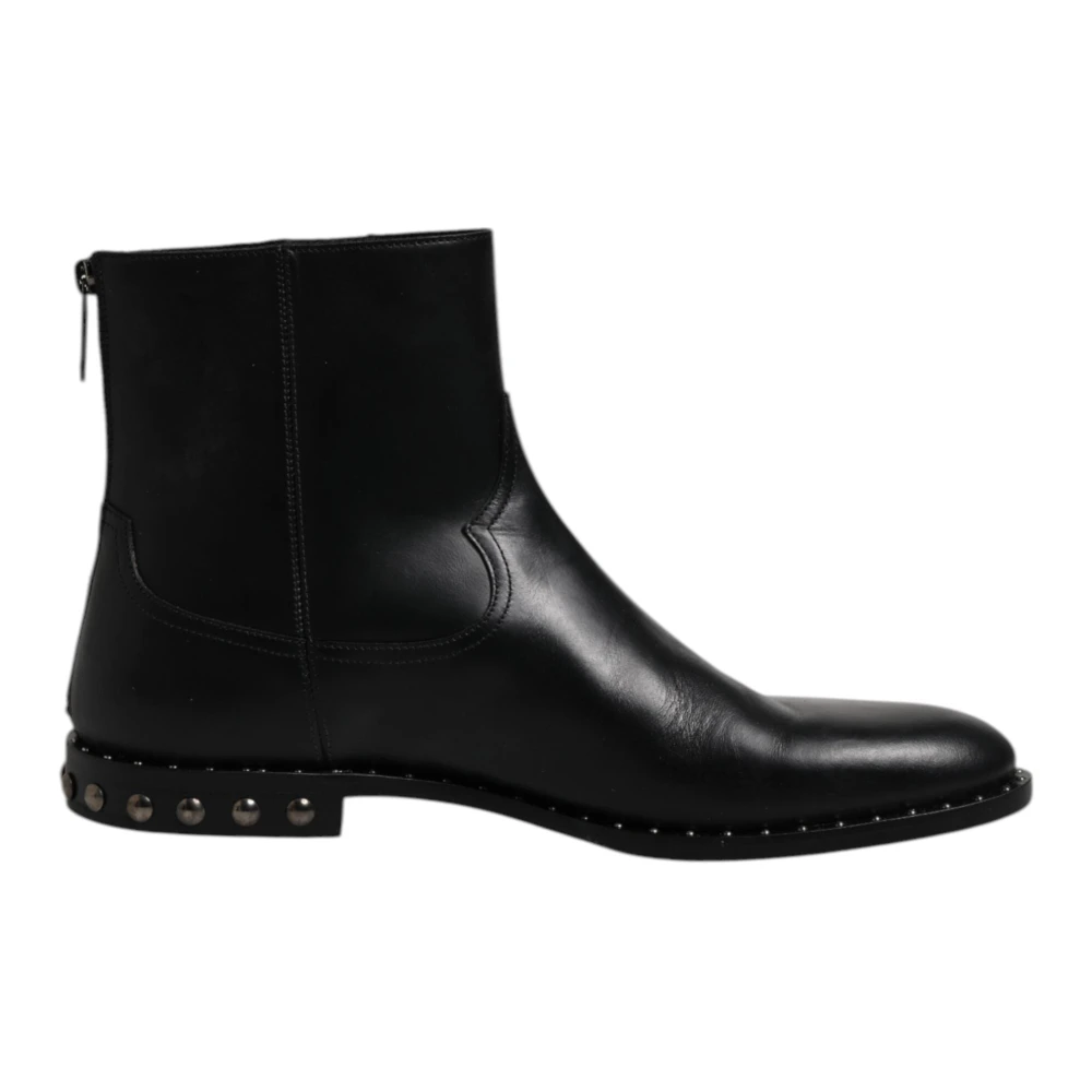 Dolce & Gabbana Men's Black Leather Logo Ankle Boots Studded