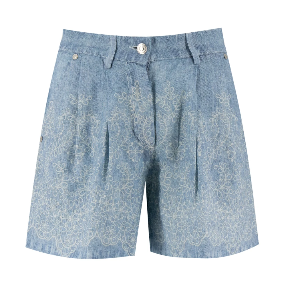 Ermanno Scervino Linnen Denim Patroon Bloemenkant Shorts Blue Dames