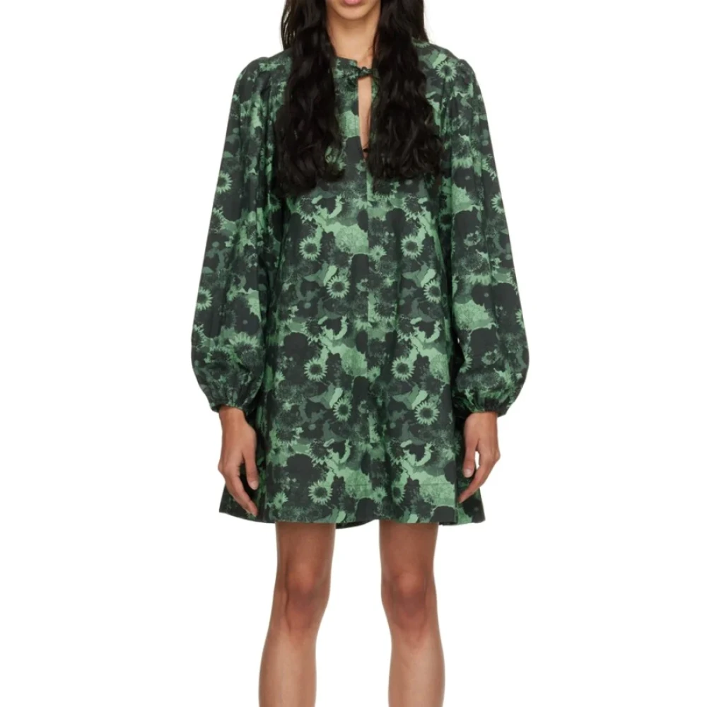 Pastellgrønn Ganni Printed Cotton A-Shaped Mini Dress Kjoler