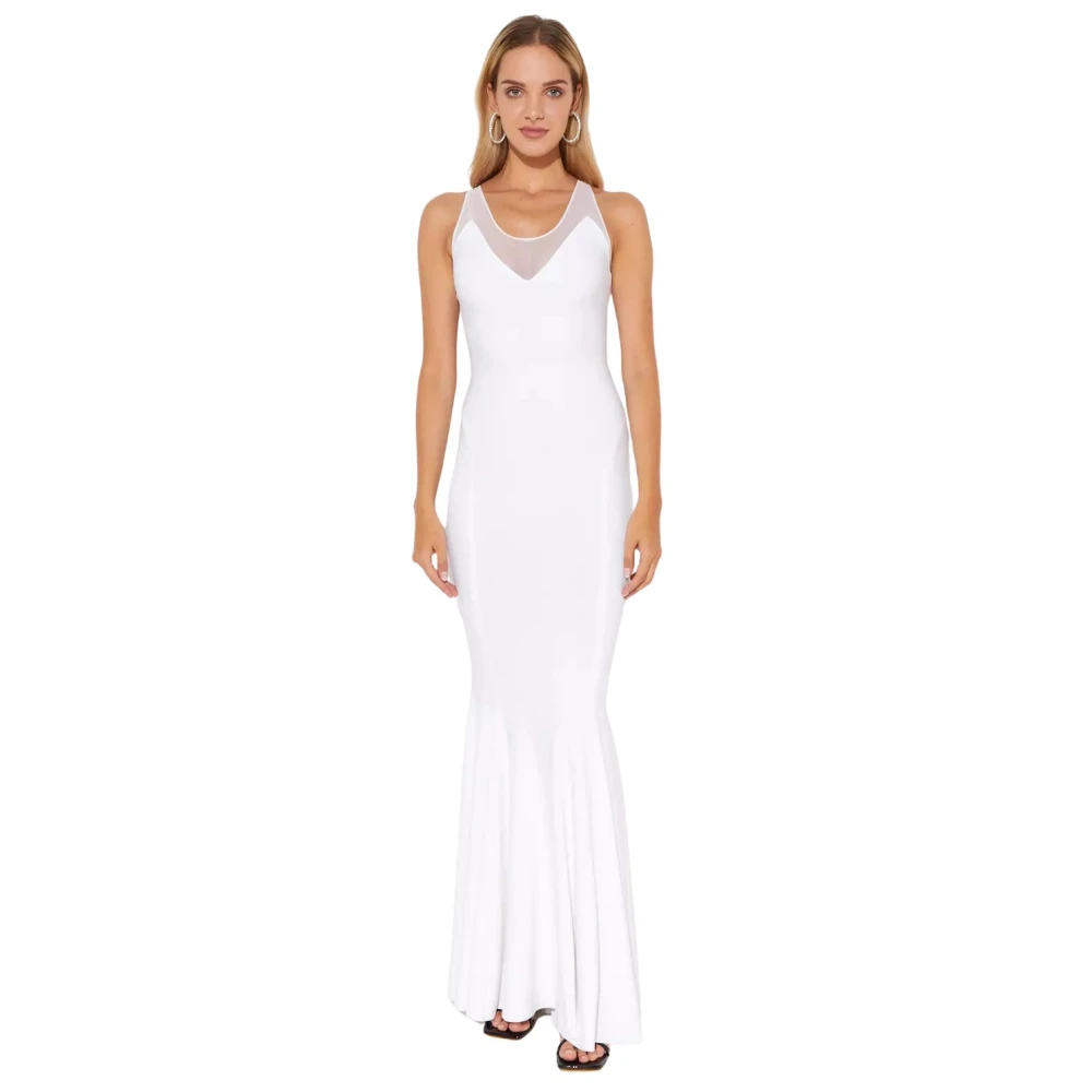 Norma Kamali Witte Maxi Jurk Mesh Inzet V-Hals White Dames
