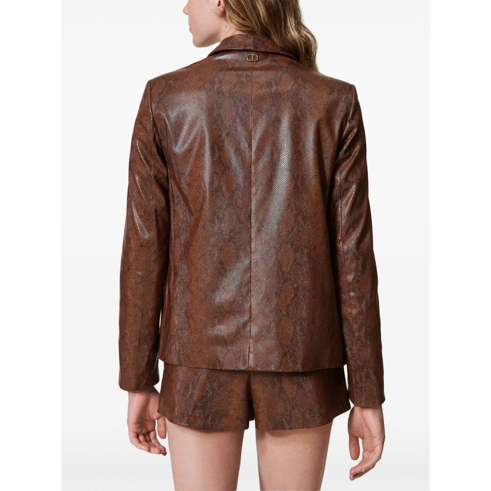 Twinset Bruin Nep Leren Double-Breasted Jas Brown Dames