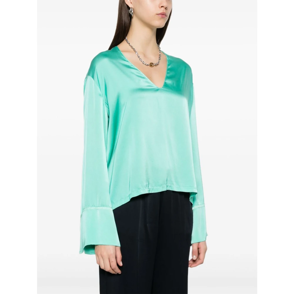 Forte Blauw-Groene V-Hals Top met Wijde Mouwen Green Dames