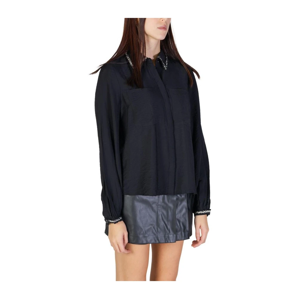 Vila Versierde Kraag Lange Mouw Shirt Black Dames