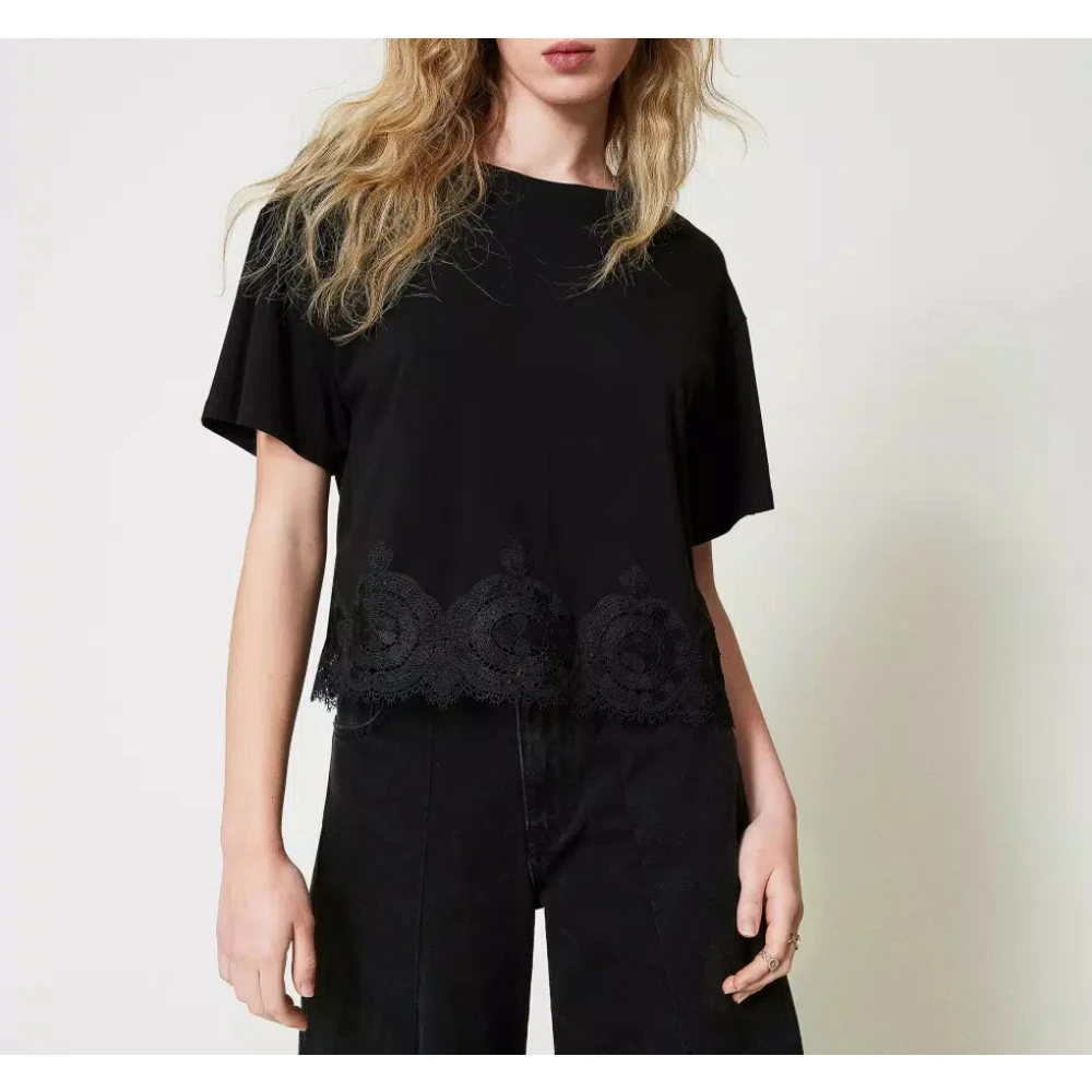 Twinset Geknipte Kant T-shirt met Macramé Black Dames