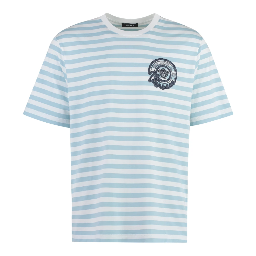 Versace Mannelijk Blauw Tops Heren, L, Katoen, Gestreept Katoenen T-Shirt