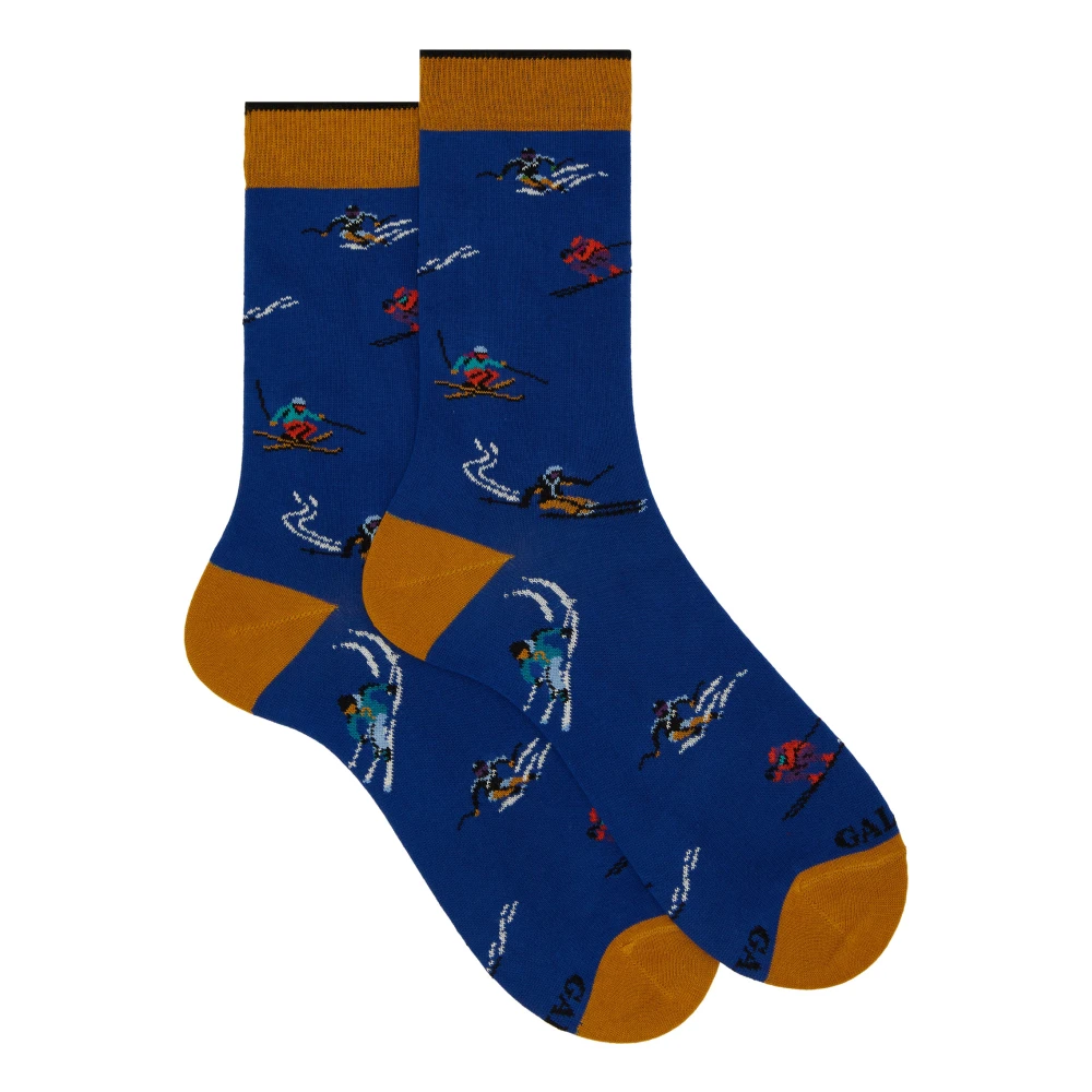 Gallo Blauwe Katoenen Korte Sokken met Skiër Motief Multicolor Heren