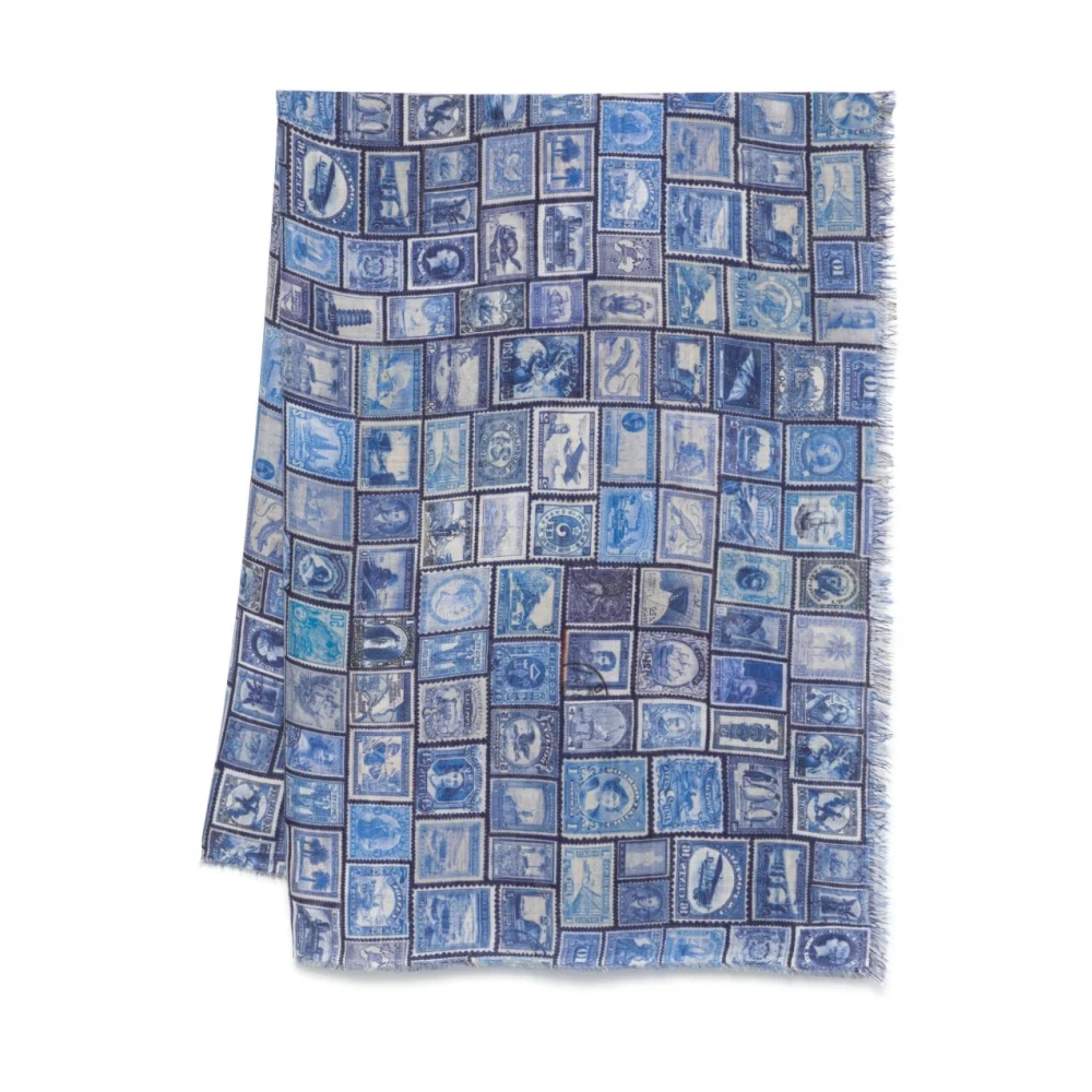 Faliero Sarti Blauwe Grafische Print Rode Rand Sjaal Blue Dames