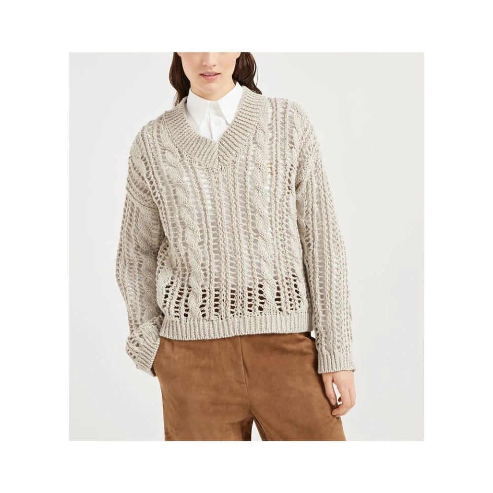 BRUNELLO CUCINELLI Beige Geribbelde V-hals Trui Gray Dames