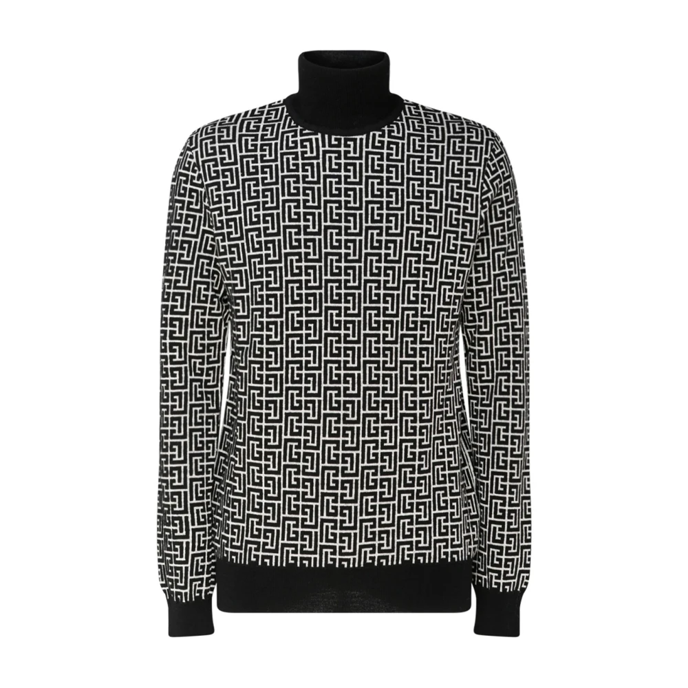 Balmain Men's Blue Monogram Print Jumper In Navy - Turtlenecks - S - Knitwear