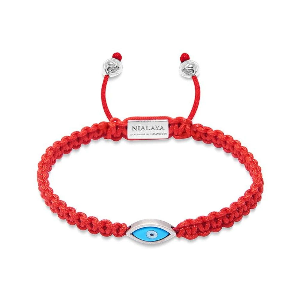 Nialaya Men's Red String Bracelet with Silver Evil Eye Red, Herr