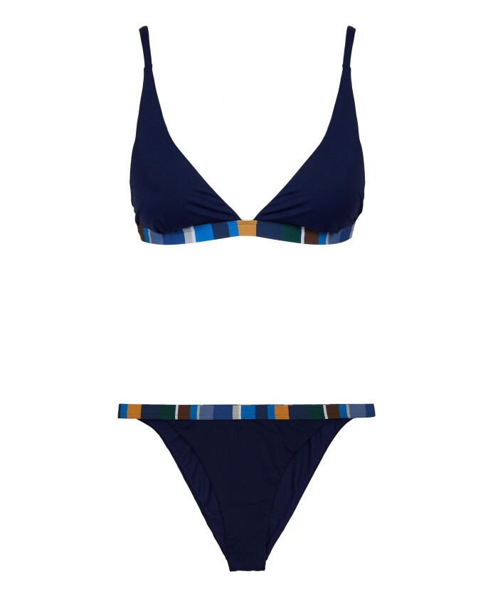bikini-triangle-bleu-uni-pour-femmes-avec-bordure-rayee-multicolore