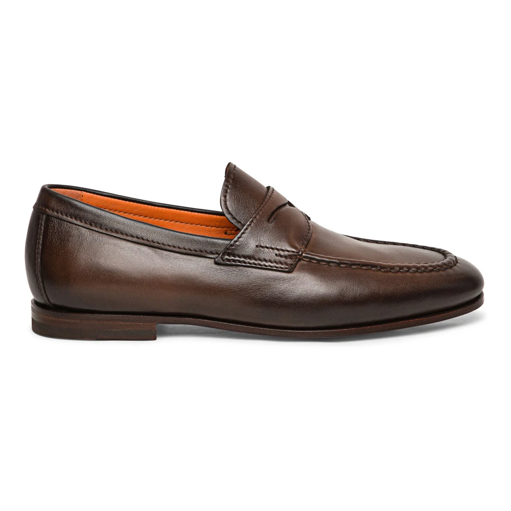 Santoni Men's Brown Polished Leather Penny Loafer - Loafers - 9 Uk - Shoes