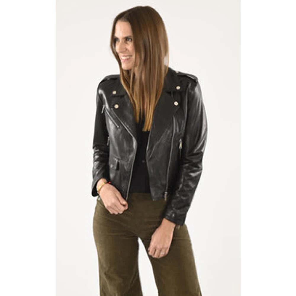 La Canadienne Korte zwarte leren bikerjas Black Dames