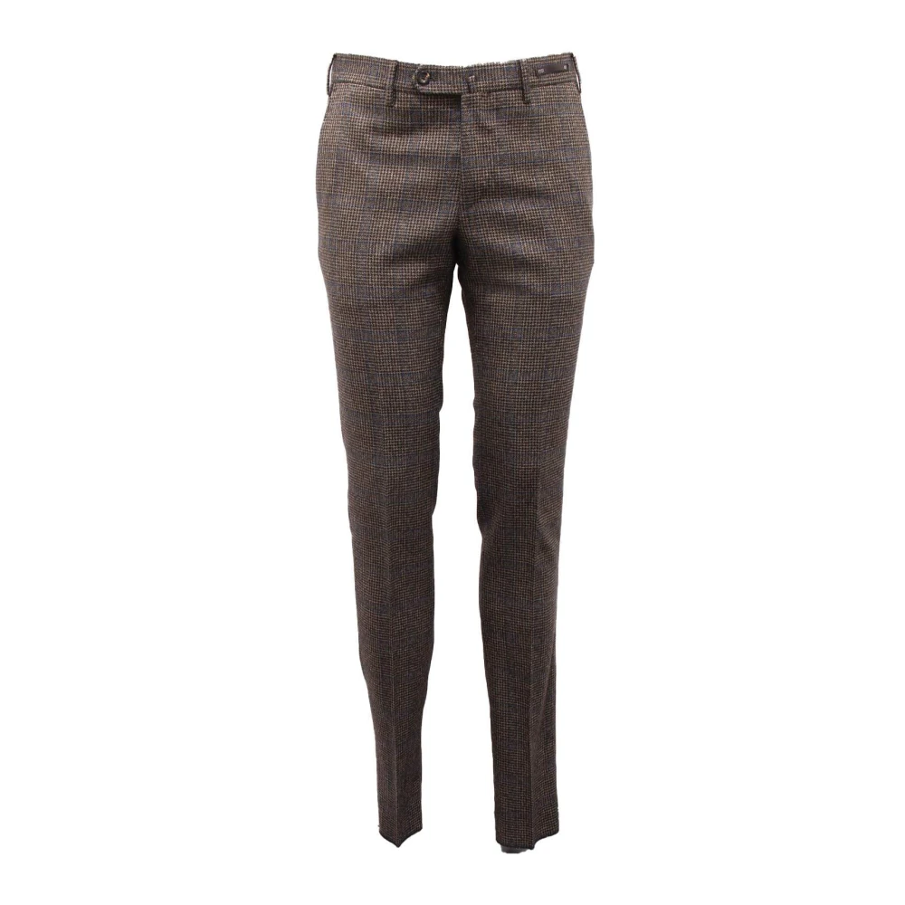 Pt01 Men's Brown Wool Trousers Slim Fit Glen Check