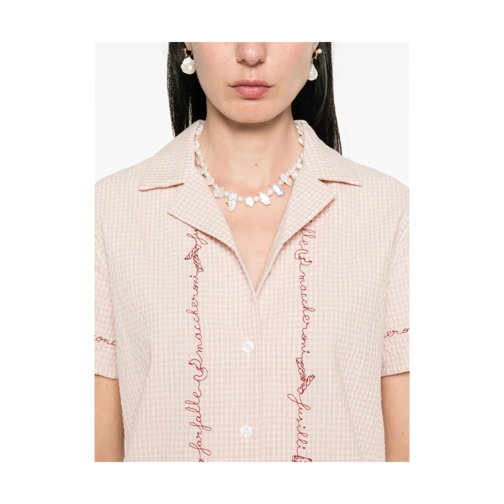 Maison Labiche Gingham Camp Kraag Korte Mouw Shirt Beige Dames
