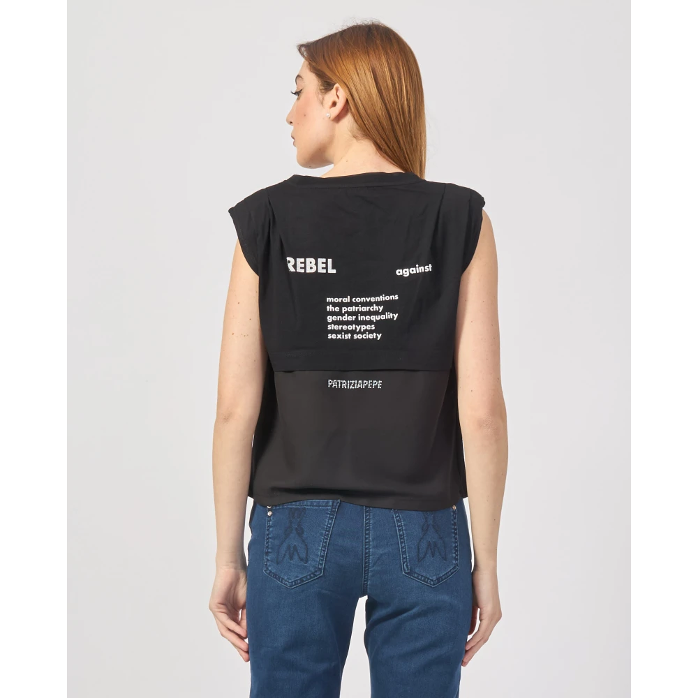 PATRIZIA PEPE Zwarte Mouwloze Katoenen Logo T-shirt Black Dames
