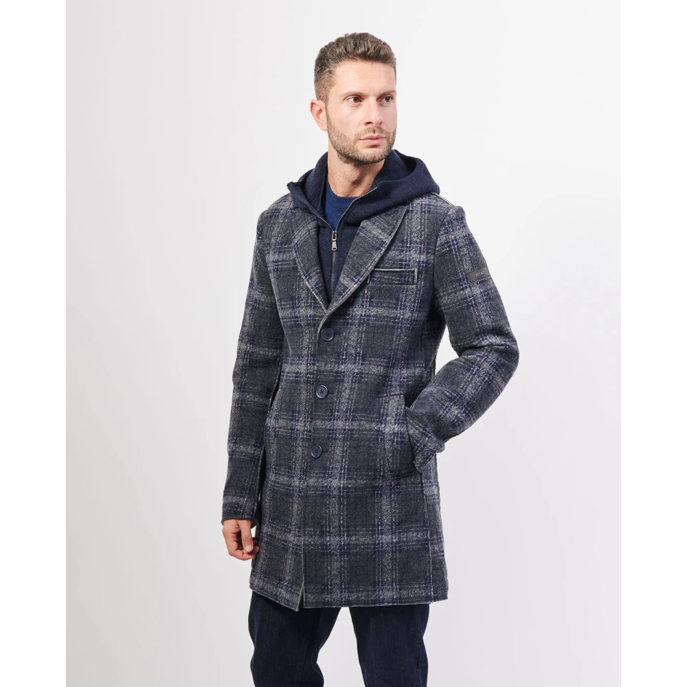 YES ZEE Blauw geruit neopreen lang jas Blue Heren