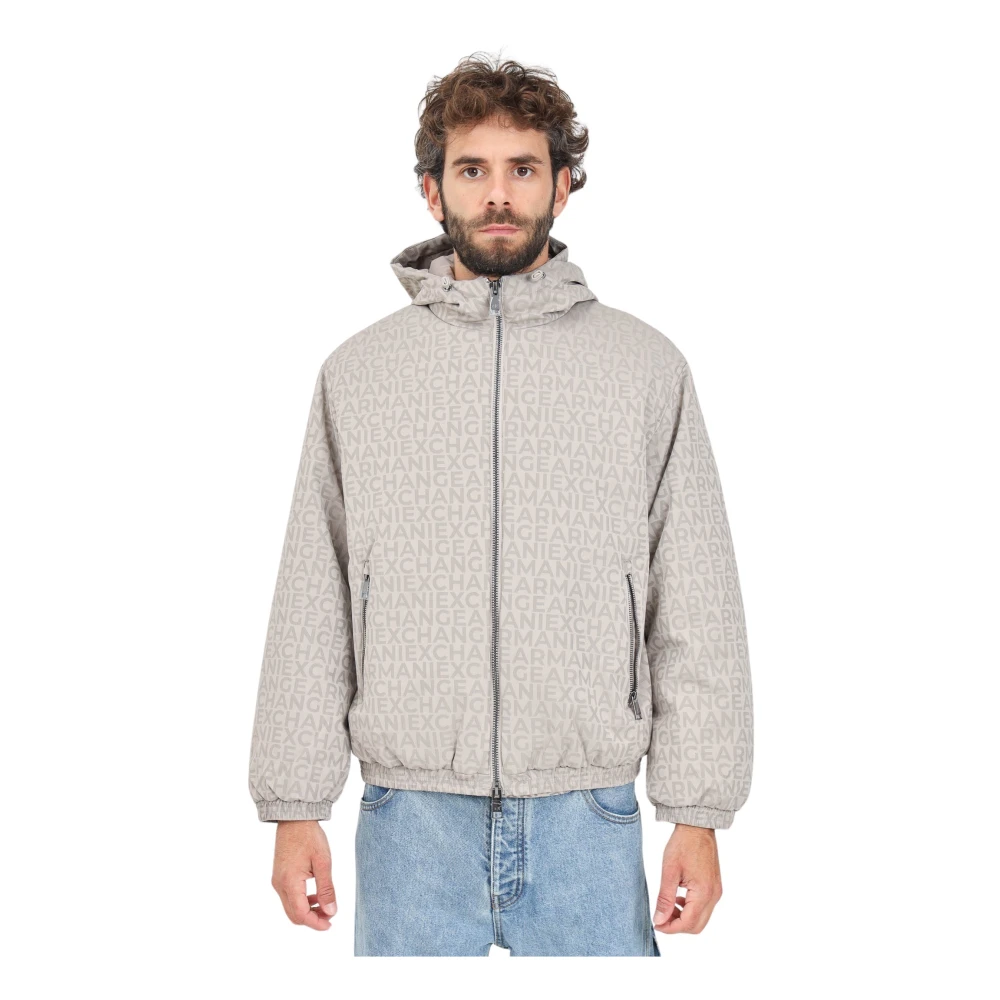 Armani Exchange Beige Puffer Jacket met All-Over Logo Print Gray Heren