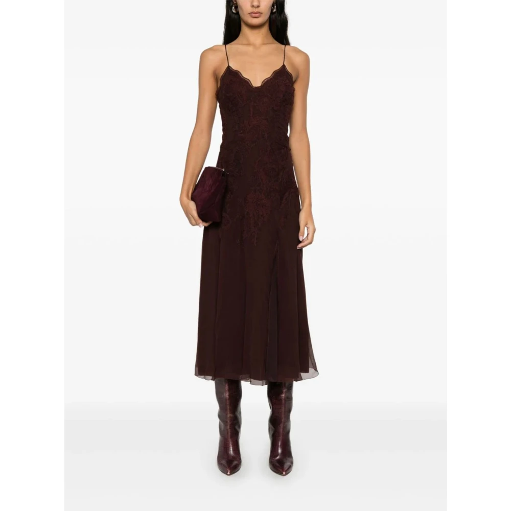 Ermanno Scervino Bordeaux Chiffon Midi Jurk met Borduurwerk Red Dames
