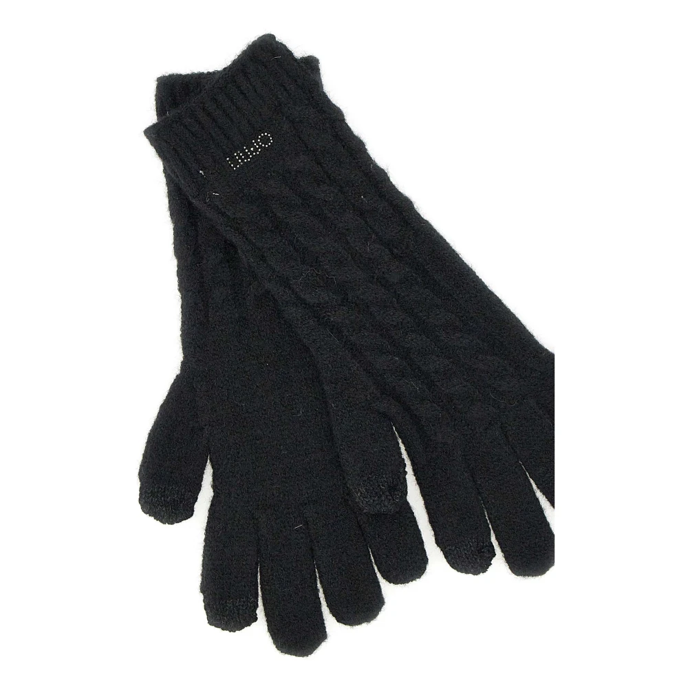 Liu Jo Zwarte Gebreide Handschoenen met Strass Logo Black Dames