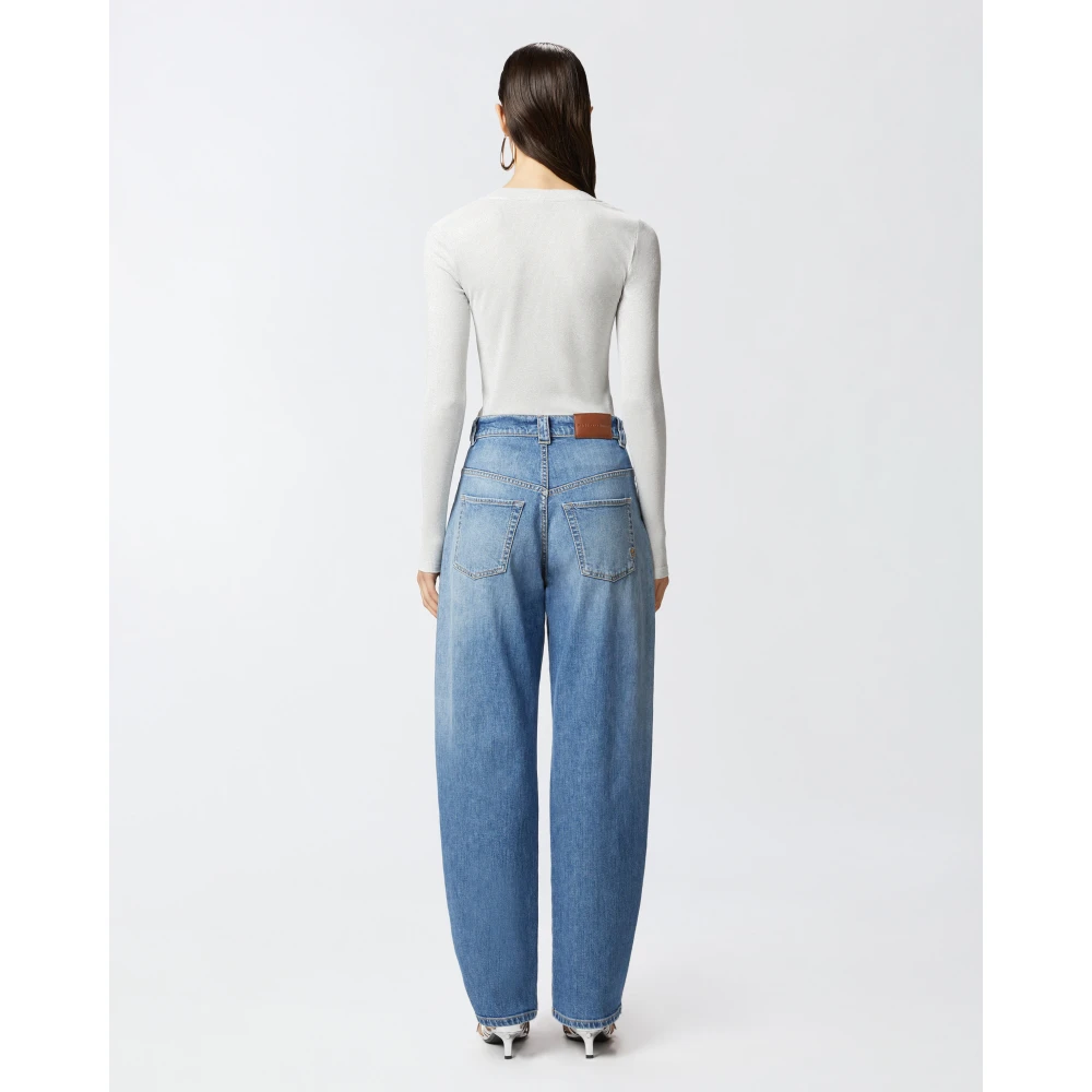 pinko Metallic Geribbelde Lange Mouw Henley Trui Gray Dames