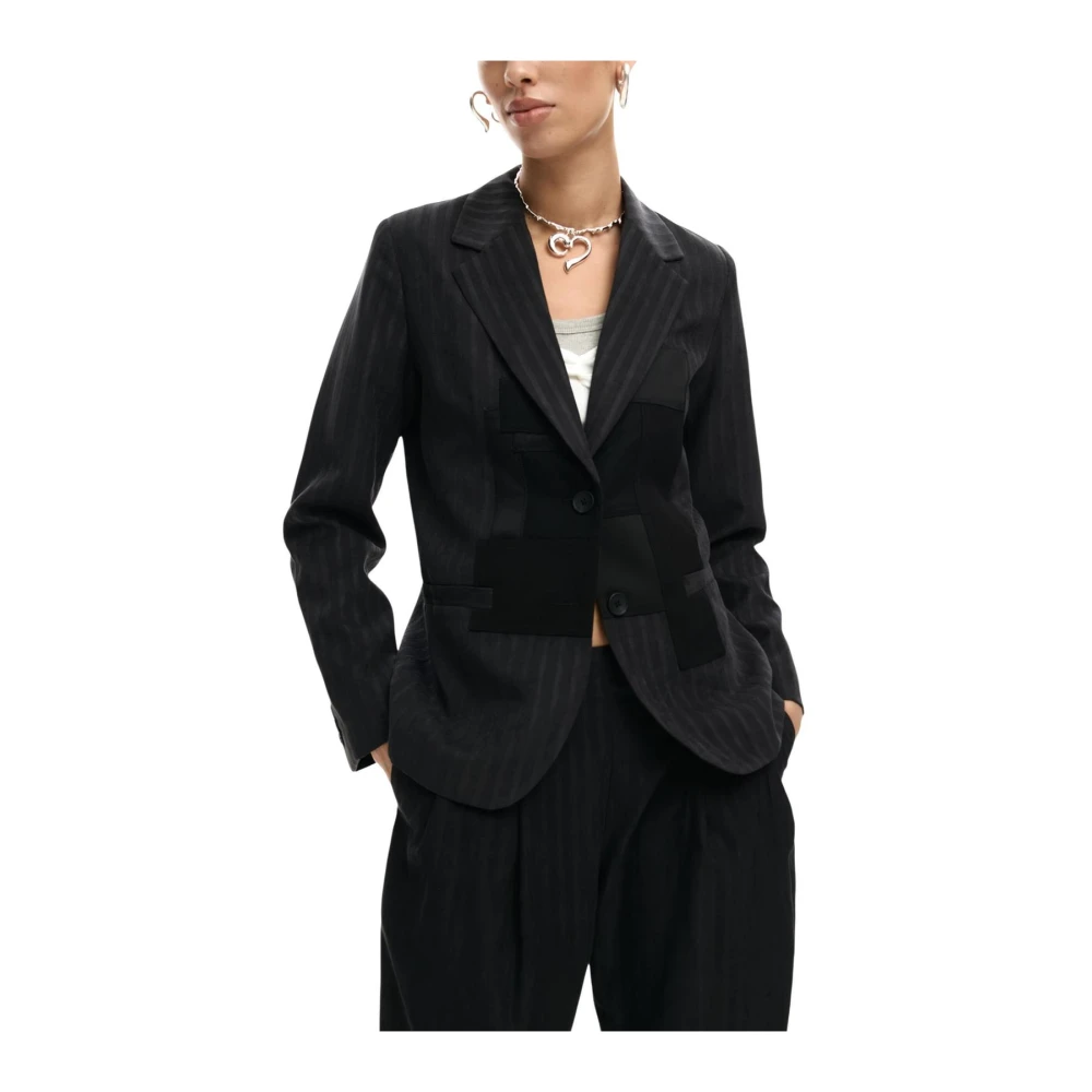 Desigual Women's Gray Blazers, Xl, Pinstripe Blazer With Lapel Collar And Front Pockets