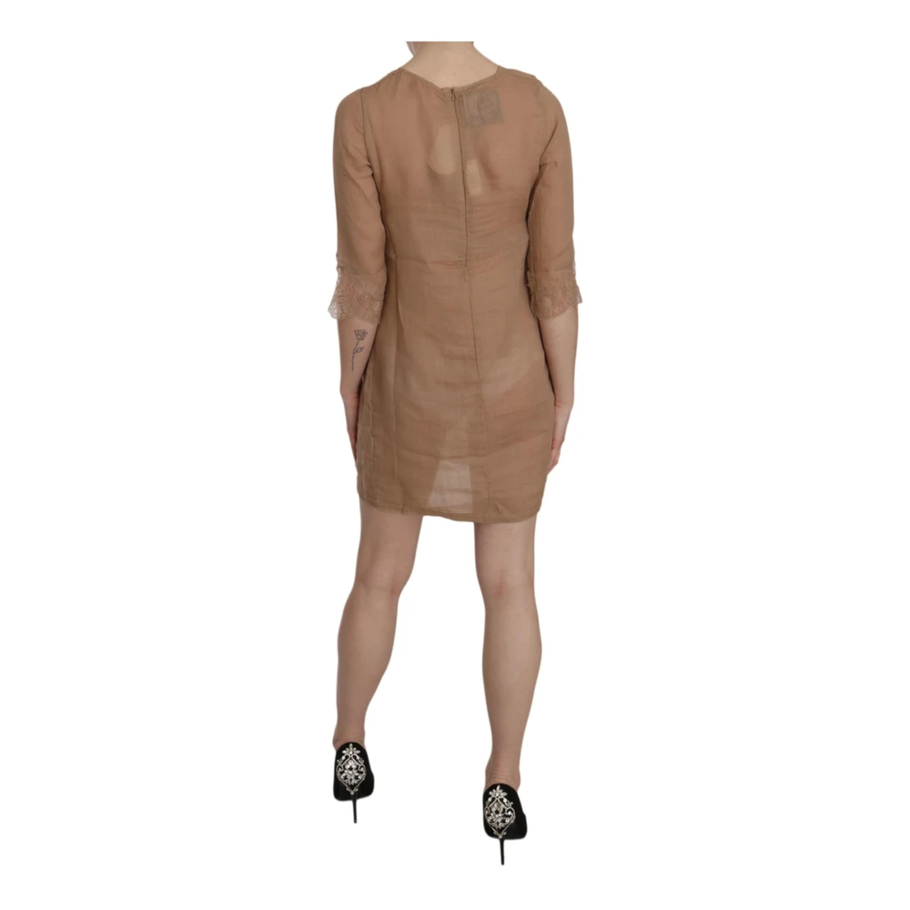 Pink Memories Bruin Linnen Crewneck Shift Mini Jurk Brown Dames