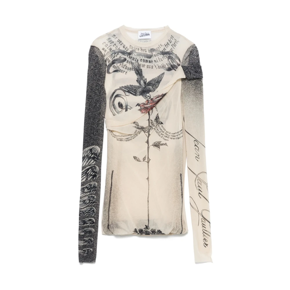 Jean Paul Gaultier Ecru Crew Neck Sweater met Gedrapeerd Detail Multicolor Dames