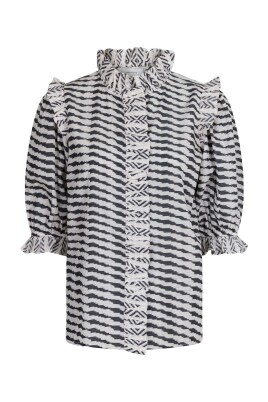 feminine-grafik-bluse-med-pufaermer-og-flaesedetaljer